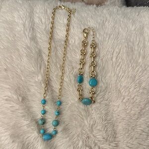 Jewelry Set | Necklace & Bracelet - Gold and Turquoise Set - Pretty Bird Jewelry